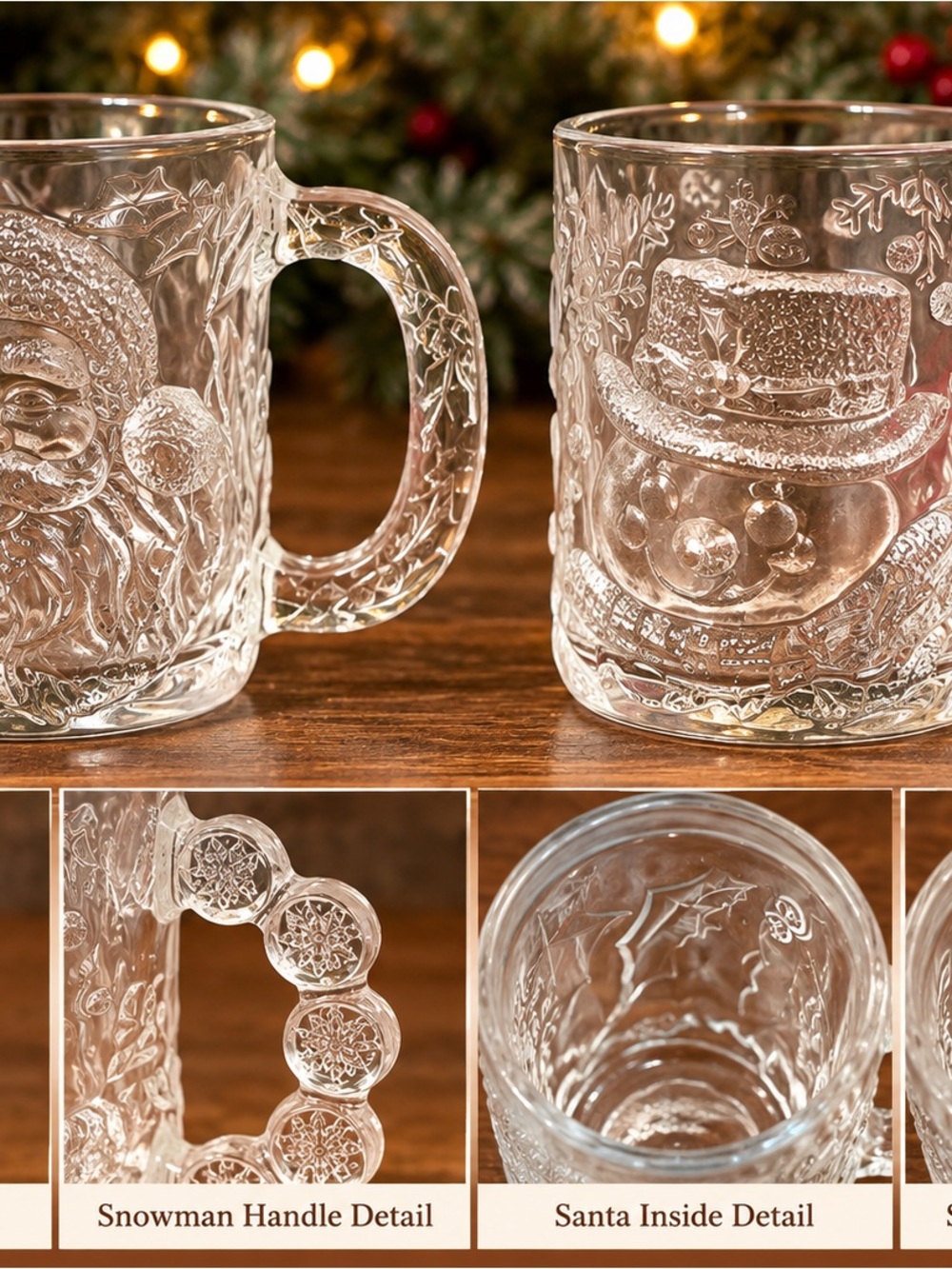 Vintage Luminarc Santa Snowman Clear Glass Christmas Mugs Set of 2
